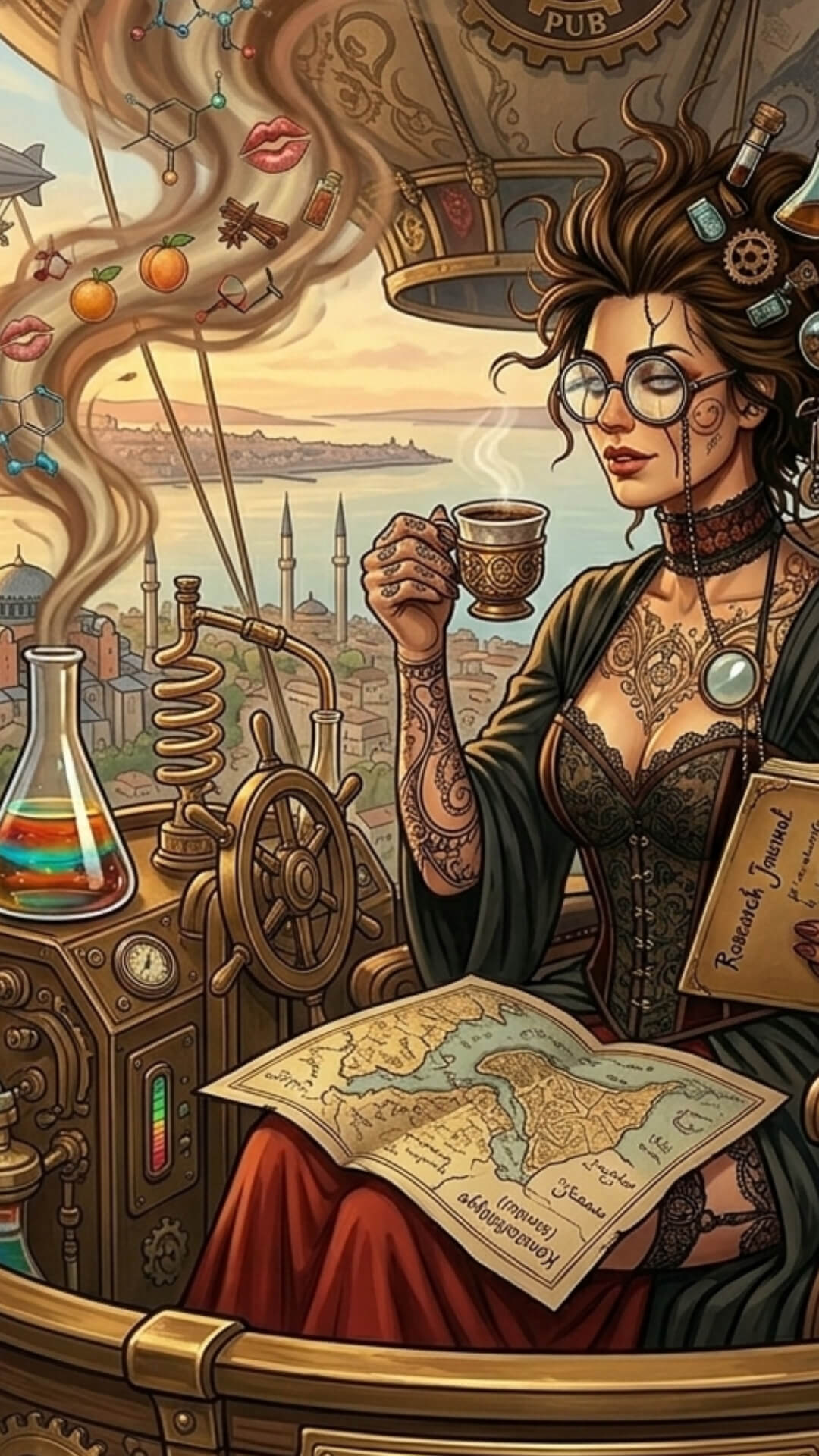 "Steampunk-style female professor flying over Istanbul in a hot air balloon."