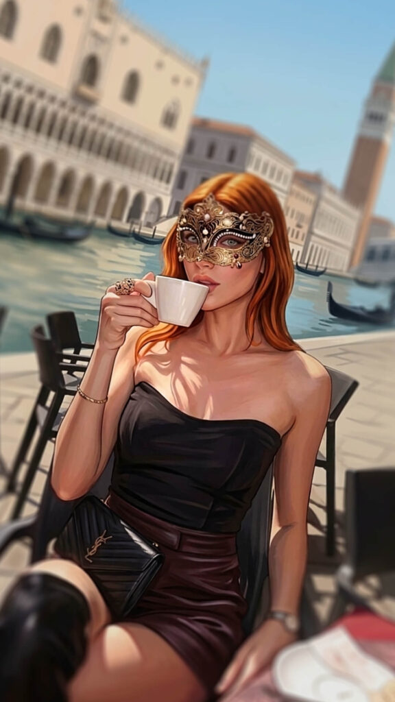 Red-haired woman drinking coffee in Venice