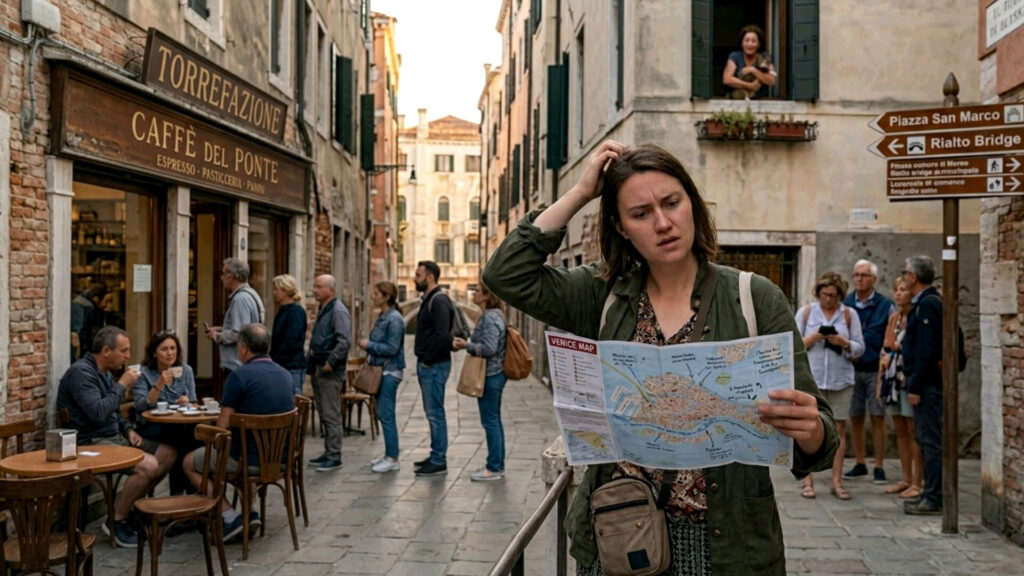 which uses a street scene of a frustrated tourist in Venice holding a map to explain best practices, including specific and concise descriptions and the importance of context