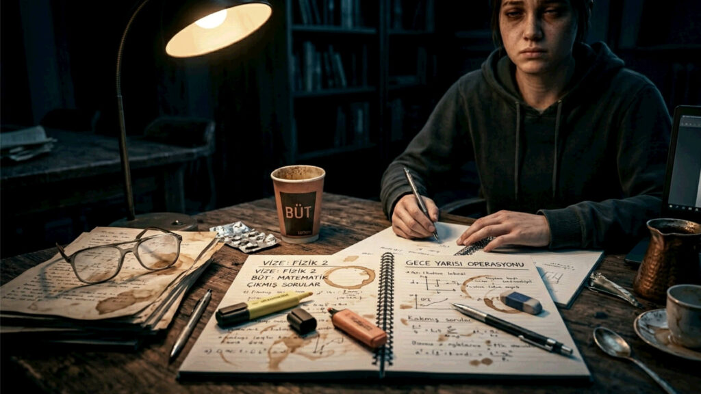 Student studying for physics and mathematics exams with handwritten notes and study guides on a desk.