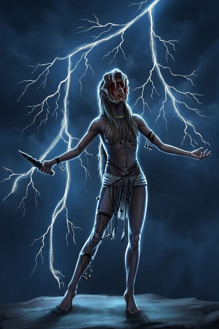 warrior with ritualistic mask and paint during thunderstorm illustration