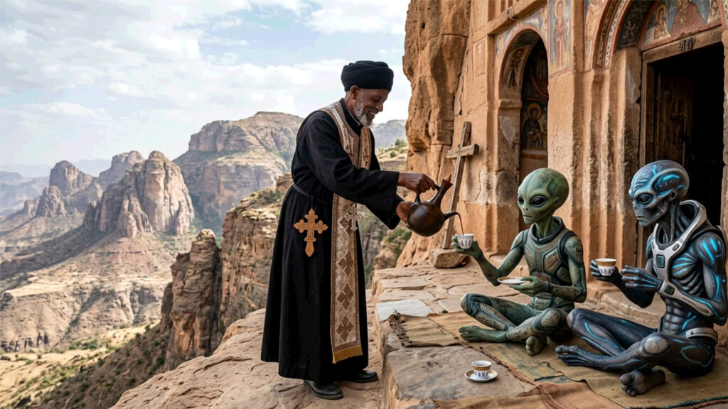 Ethiopian Orthodox priest serving traditional coffee from a jebena to two extraterrestrial aliens sitting on a stone terrace in front of a rock-hewn church, mountain landscape background