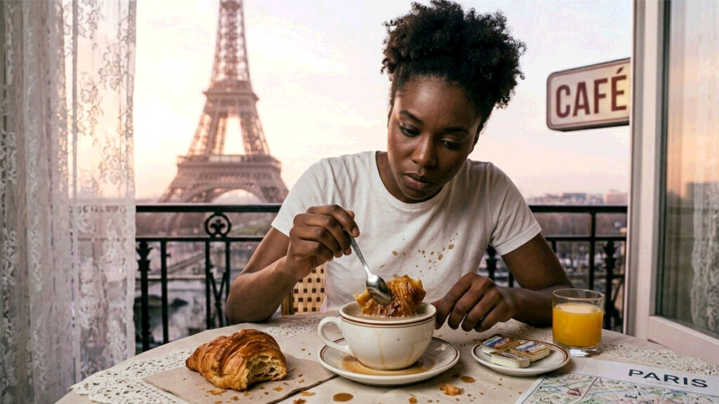 A Black woman sitting at a café in Paris with the Eiffel Tower in the background, looking with surprise and slight disappointment as the biscuit she was dipping into her tea breaks and falls into the cup.