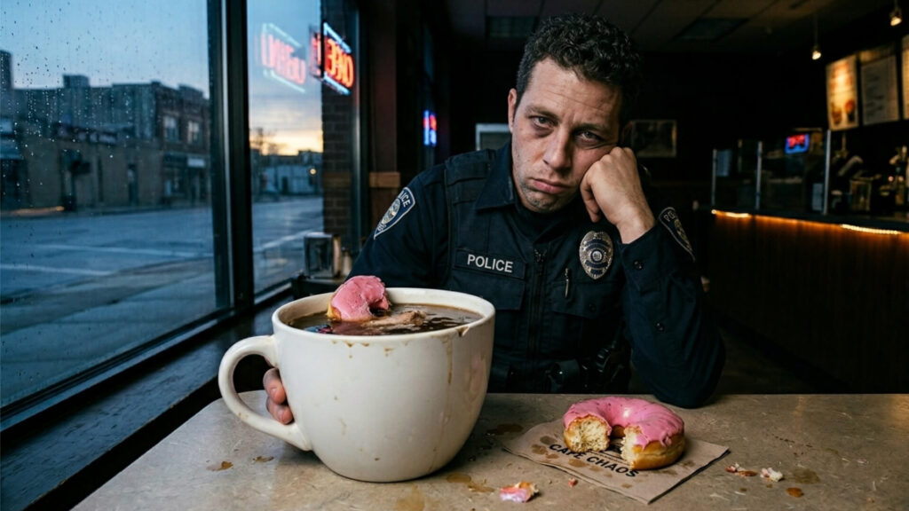A police officer sitting at a table with a tired and weary expression, in front of a giant coffee mug with a pink-frosted donut submerged in it. Another donut sits on the table, and a deserted street at dawn is visible in the background