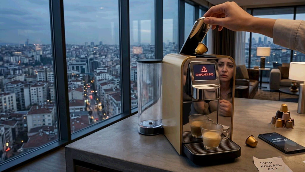 High-rise living reality: the moment you realize the water tank is empty while trying to make a coffee with a sleek gold capsule machine.