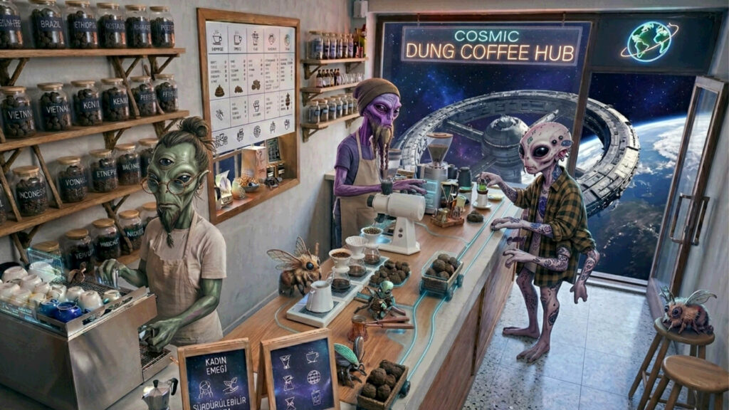 Cosmic Dung Coffee Hub' with a view of Earth and a space station. The scene features detailed baristas, unique decor, and signs emphasizing sustainable practices.