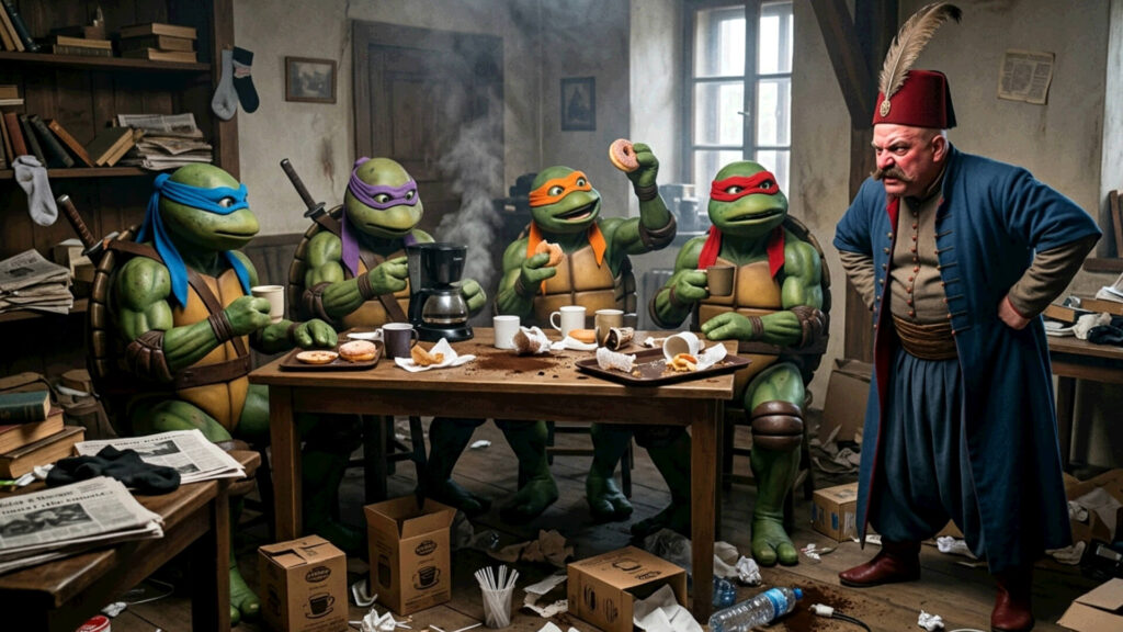 Teenage Mutant Ninja Turtles eating donuts and drinking coffee with a man wearing traditional Ottoman clothing and a fez