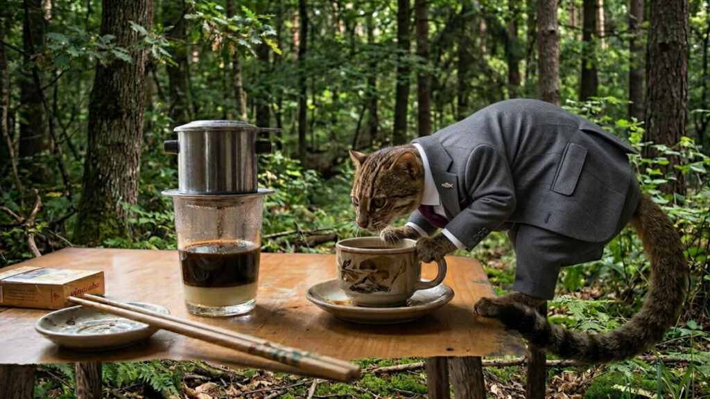 cat wearing a suit drinking coffee from a traditional Vietnamese phin filter in a forest