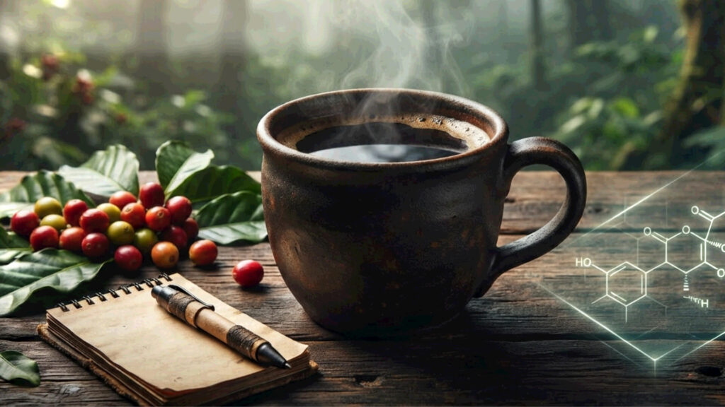 Close-up of a steaming ceramic coffee mug on a rustic wooden table in a forest, fresh coffee cherries, notebook, and a futuristic digital hologram of an antioxidant molecular structure. Cinematic lighting, organic and scientific concept.