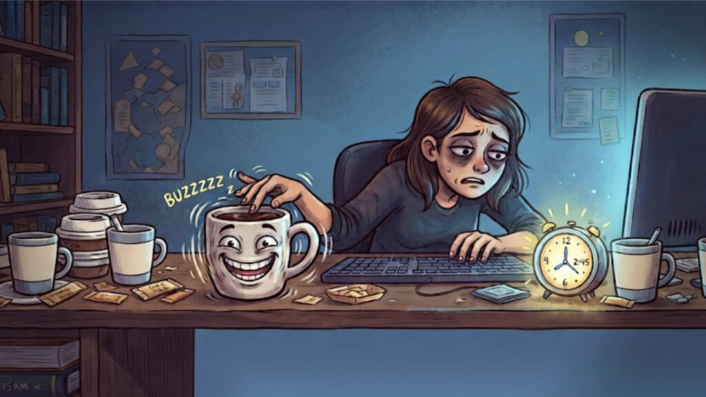 Coffee addiction conceptual illustration", "Overworked office worker digital art", "Anthropomorphic coffee mug art", "Late night burnout illustration