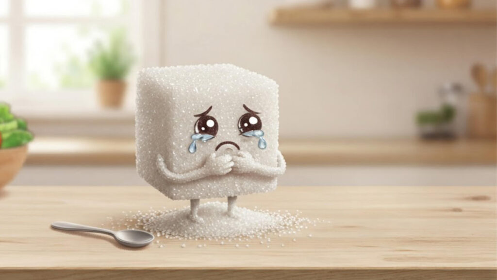Sad sugar cube cartoon", "Anthropomorphic sugar cube illustration", "Cute sad sugar cube character", "Sugar cube crying character