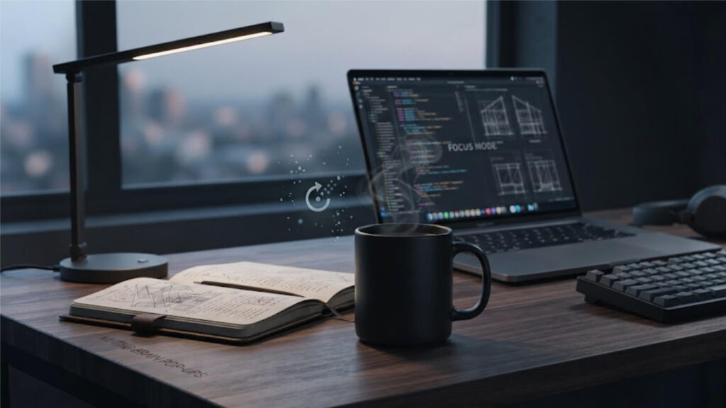 Minimalist deep work setup, dark mode desk photography, clean workspace with coffee mug, cinematic moody desk setup, focus mode aesthetic, professional programming desk