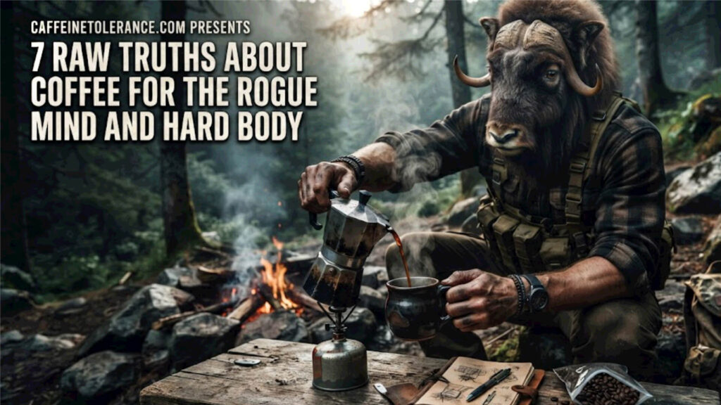 Anthropomorphic muskox man, rugged outdoorsman, tactical gear, camping in forest, pouring coffee from moka pot, moody lighting, cinematic photography, raw aesthetic, hyper-realistic, 8k