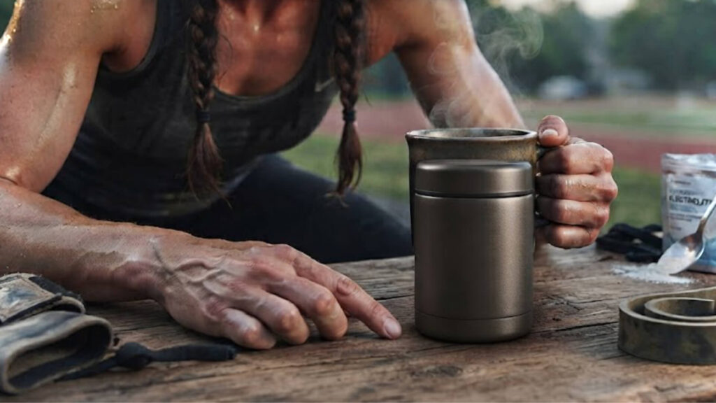 Sweaty female athlete resting after an outdoor workout, with a steaming coffee mug and a supplement packet on a wooden table in front of her. The mug has the text 'Metabolism: The Quiet 'Go Faster' Button...' overlaid.