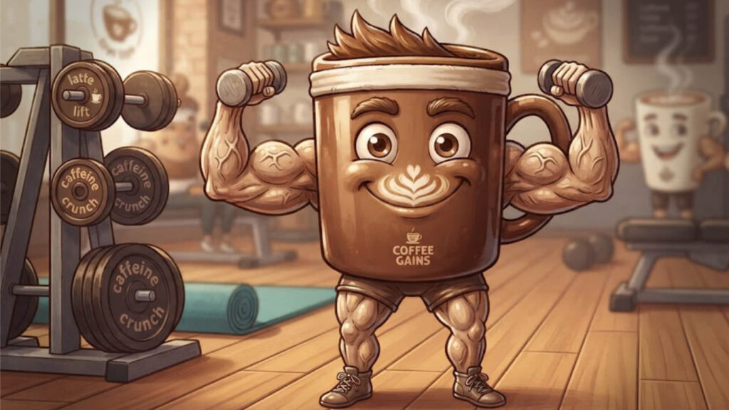 Muscular coffee mug character", "Bodybuilder coffee cup cartoon", "Gym coffee mug mascot", "Strong coffee mug illustration
