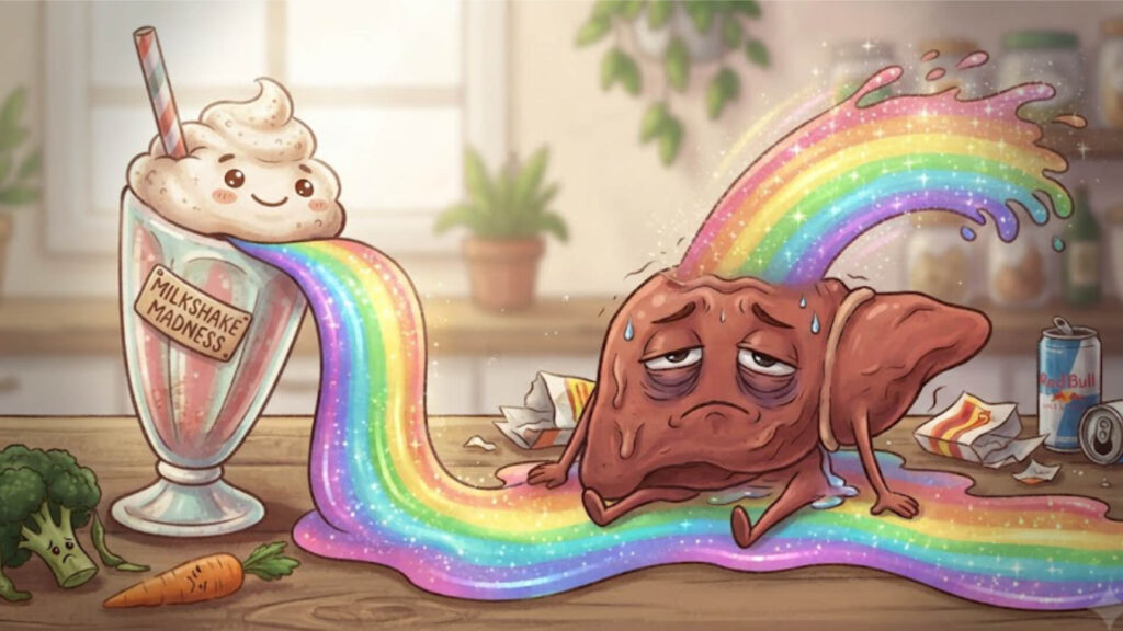 Anthropomorphic liver character tired", "Sugar consumption infographic style cartoon", "Healthy vs unhealthy food conceptual art", "Liver health funny illustration